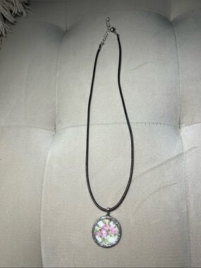 Floral Pendant Necklace Brown Leather Cord | Hand crafted from Vintage China